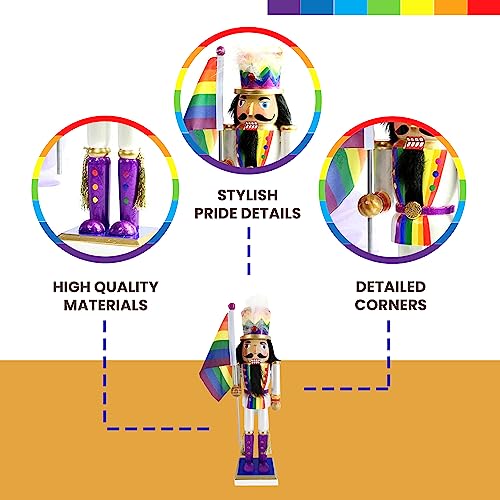 Wooden Nutcracker Figure Decoration with White Uniform and Rainbow Flag, 12 Inch L298230