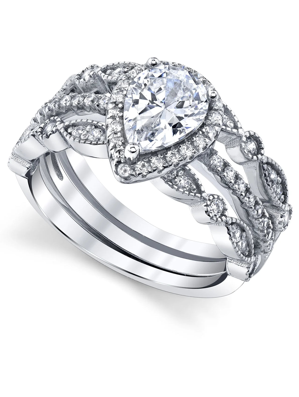 Sterling Silver Pear Shape Bridal Set Engagement Ring CZ I203