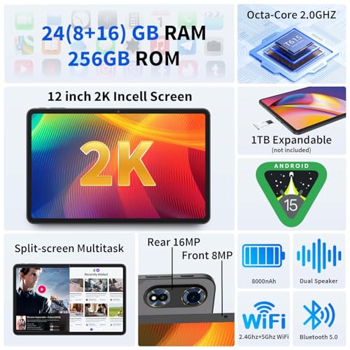 12 Inch Android Tablet with Keyboard, 24GB RAM+256GB ROM, Octa-Core, 2K Display, Black P78846