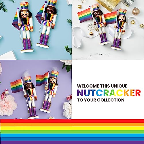 Wooden Nutcracker Figure Decoration with White Uniform and Rainbow Flag, 12 Inch L298230
