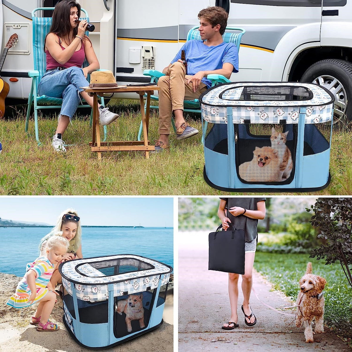 Large Dog Cat Playpen with Carrying Case, Removable Zipper Top O151
