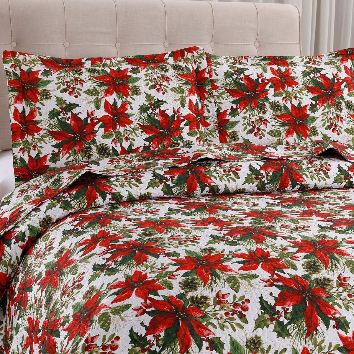 King Size Poinsettia Floral Lightweight Bedspread Coverlet with Pillow Shams Y867940