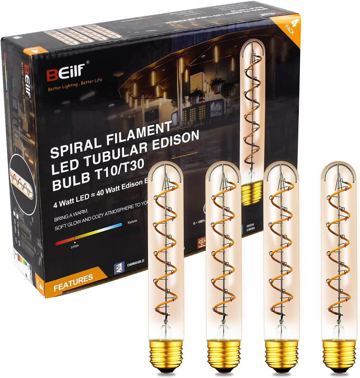 12 Pack Dimmable LED Edison Bulbs, E12 Base, 3W, Warm White 2200K, Amber Glass, Candle Bulb N54162