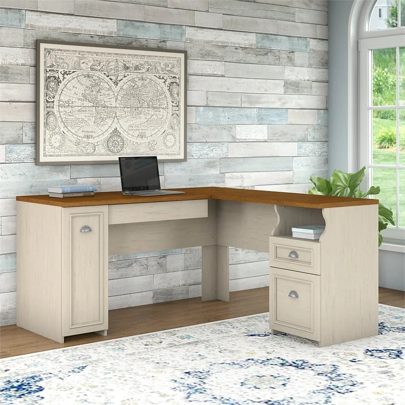 L Shaped Engineered Wood Desk in Antique White A385