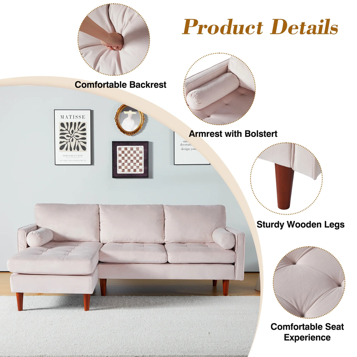 78" Wide L-Shaped Velvet Sectional Sofa with Ottoman C3131
