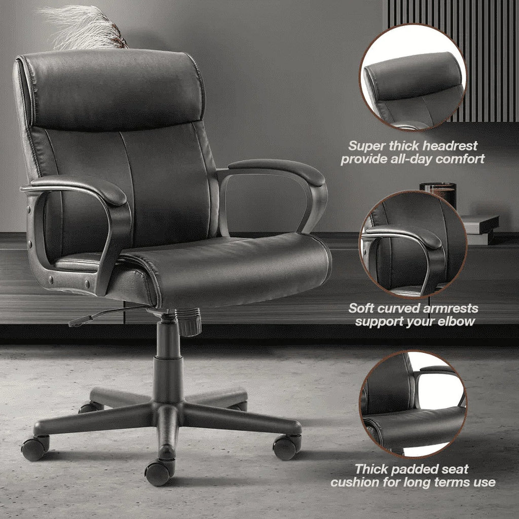 Black PU Leather Mid-back Office Chair with Fixed Padded Armrests L56515
