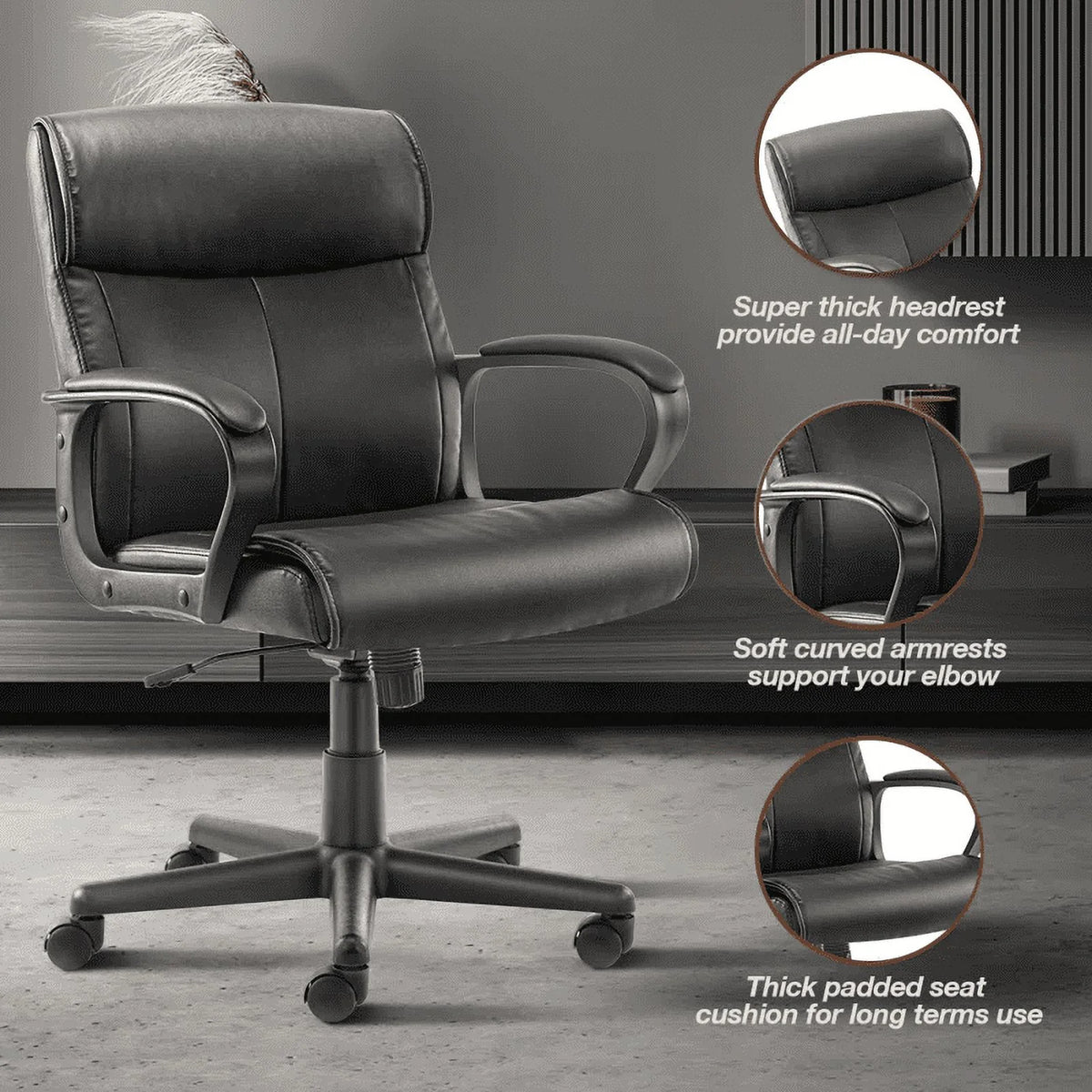 Black PU Leather Mid-back Office Chair with Fixed Padded Armrests L56515