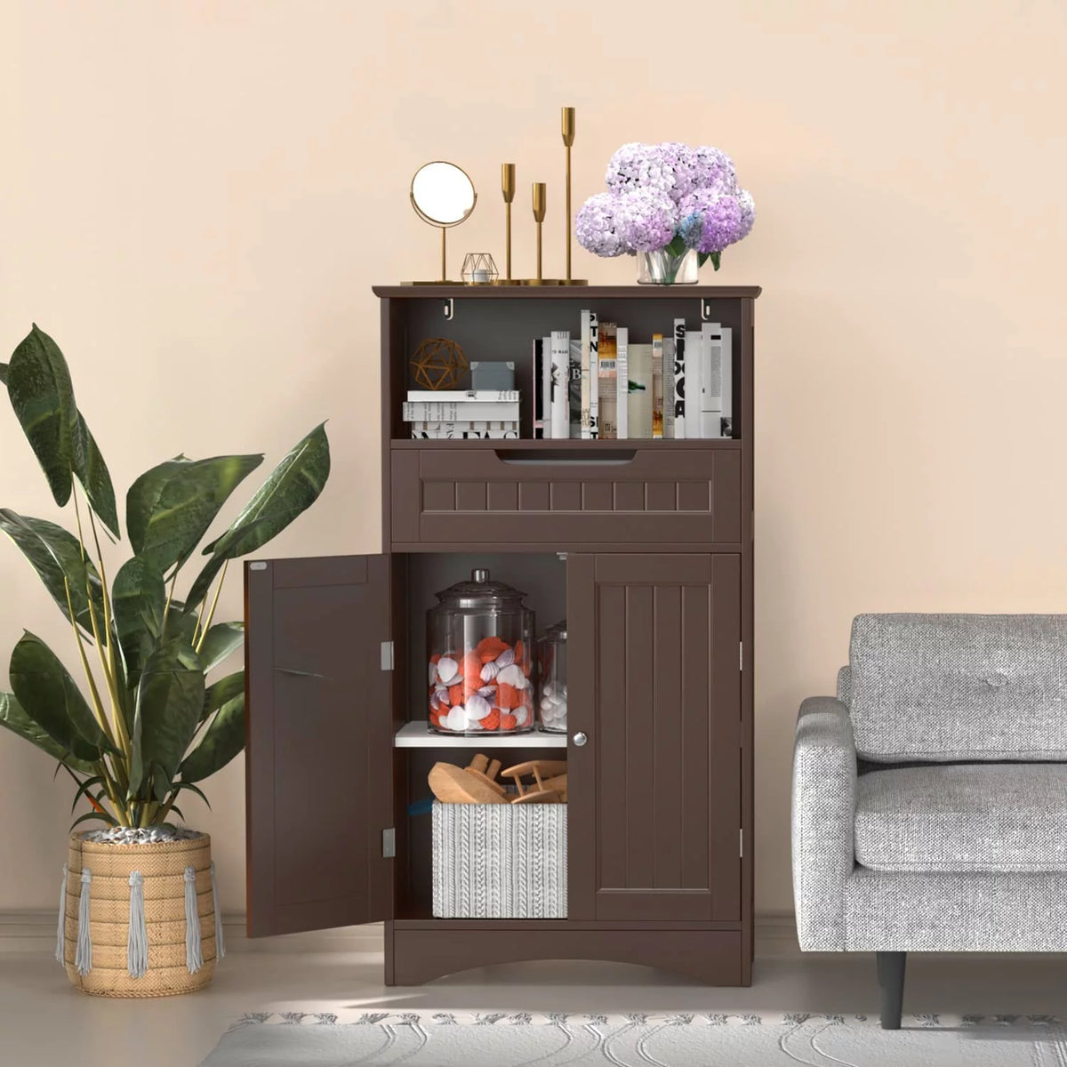 Dark Brown Bathroom Storage Cabinet with Drawer and Shelf U458827