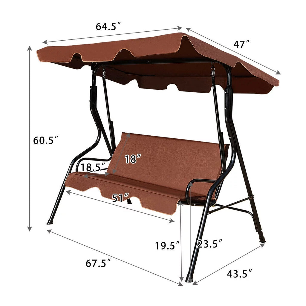 3 Seats Cushioned Steel Frame Patio Canopy Swing G184766