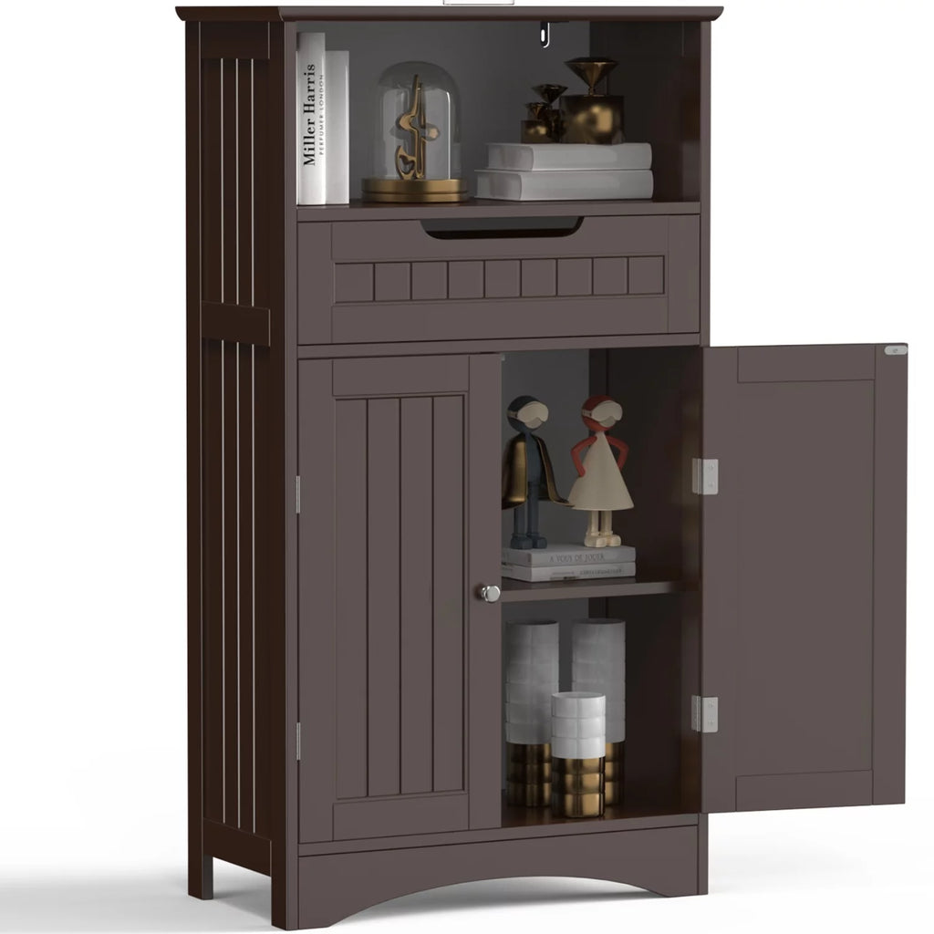Dark Brown Bathroom Storage Cabinet with Drawer and Shelf U458827