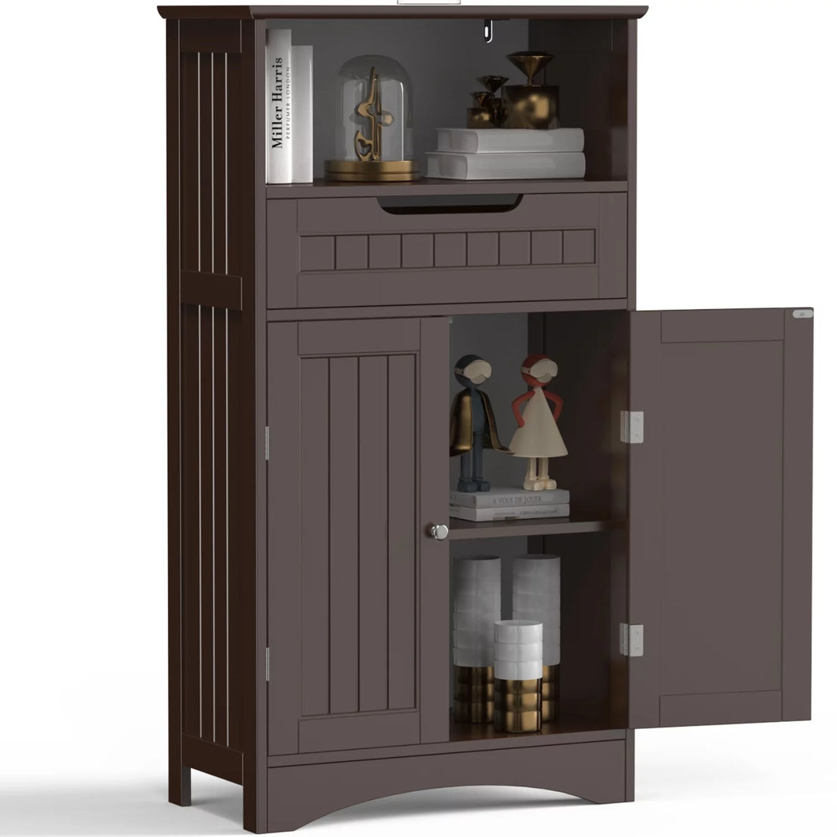 Dark Brown Bathroom Storage Cabinet with Drawer and Shelf U458827