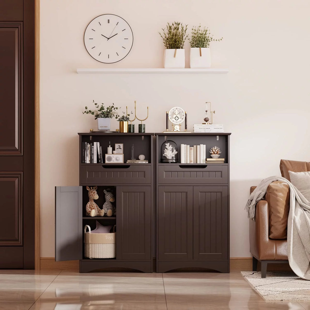 Dark Brown Bathroom Storage Cabinet with Drawer and Shelf U458827