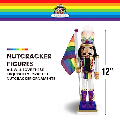 Wooden Nutcracker Figure Decoration with White Uniform and Rainbow Flag, 12 Inch L298230