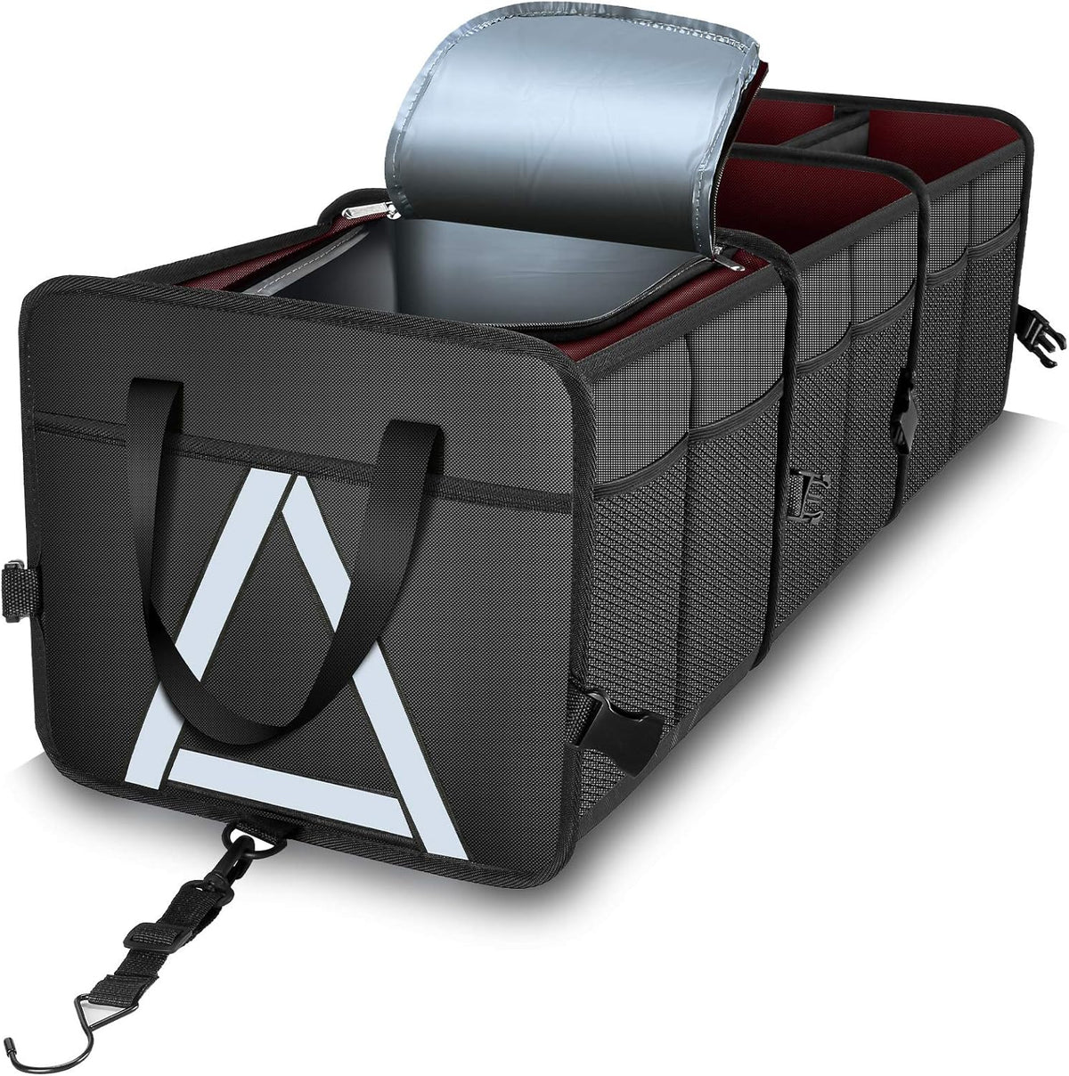 Black 3 Compartment Collapsible Car Trunk Organizer with Cooler Bag I15777
