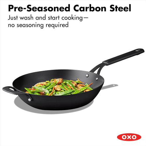 12 Carbon Steel Wok Pan with Silicone Handle Holder U8811