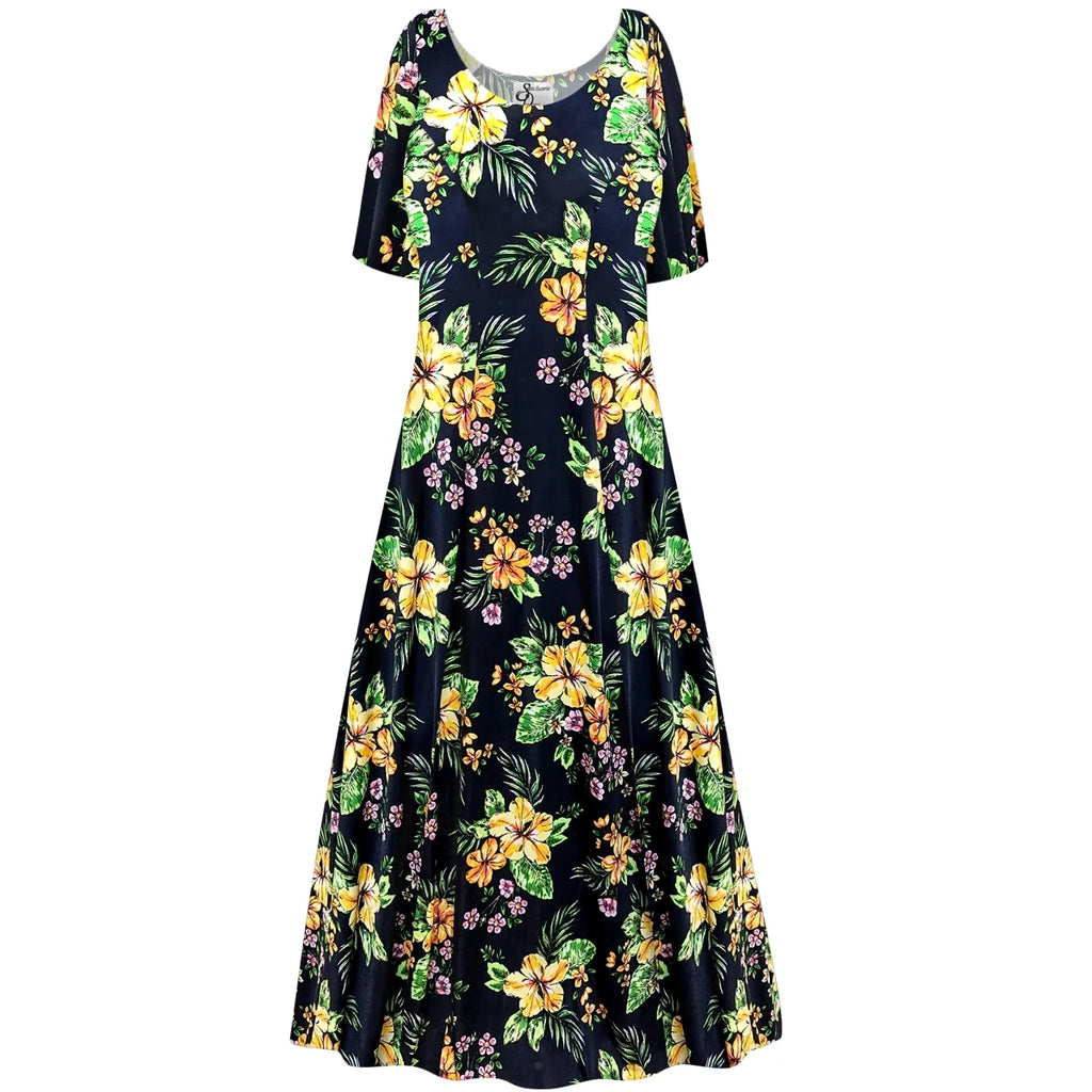 Black Floral Short Sleeve Princess Cut Dress P28805