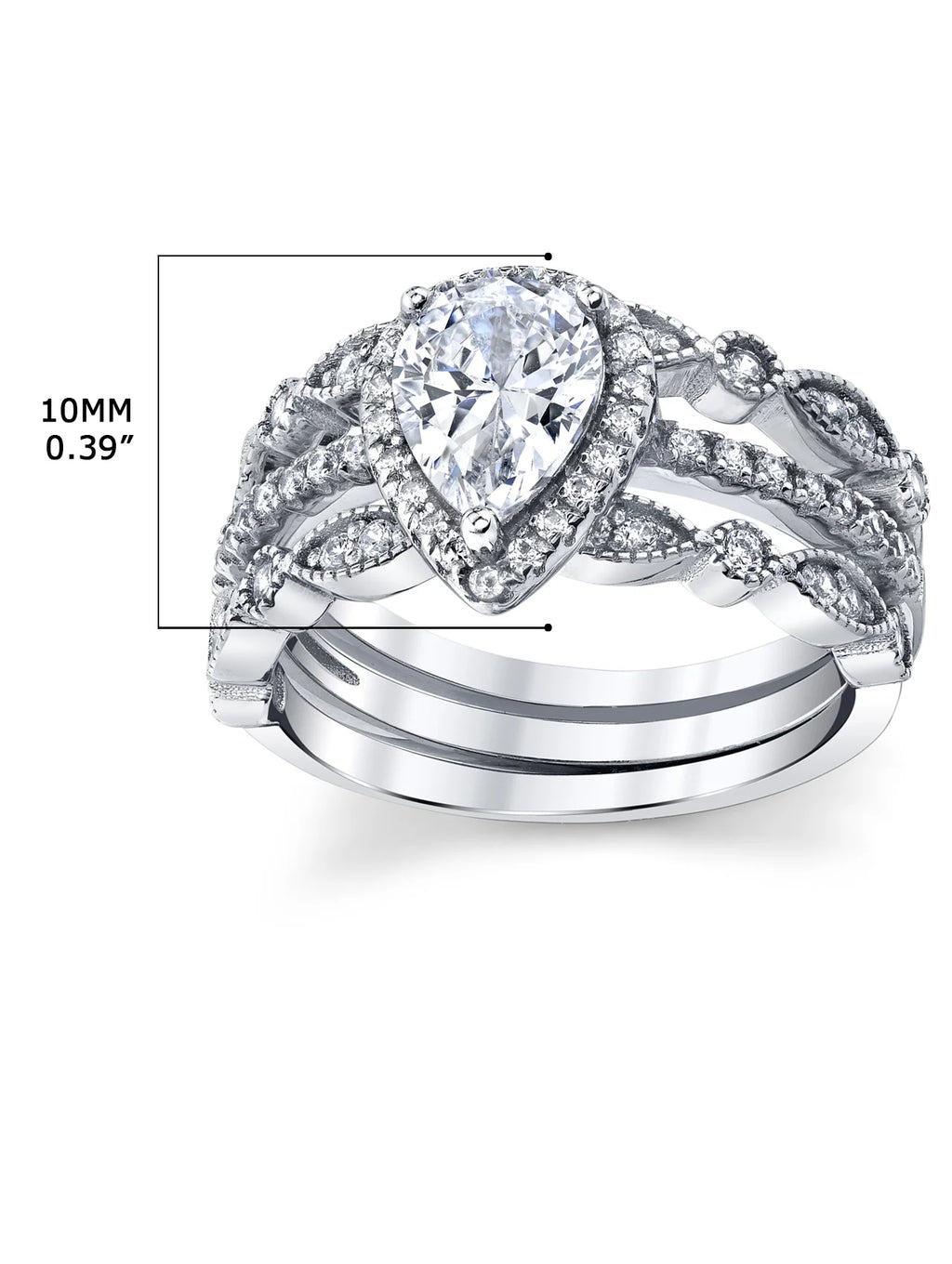 Sterling Silver Pear Shape Bridal Set Engagement Ring CZ I203