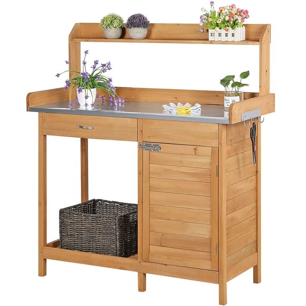 Wooden Garden Potting Bench with Cabinet W5552