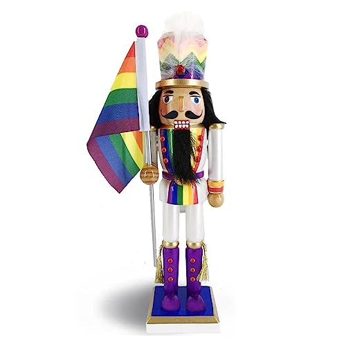 Wooden Nutcracker Figure Decoration with White Uniform and Rainbow Flag, 12 Inch L298230
