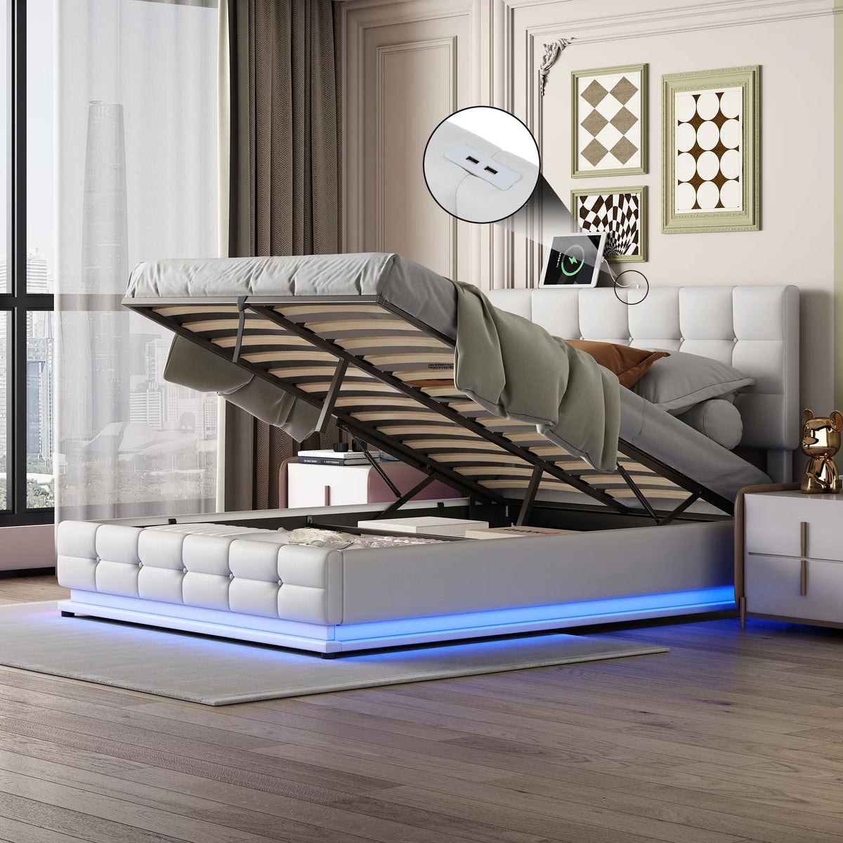 White Queen Size Upholstered Bed Frame with Lift Up Storage W781