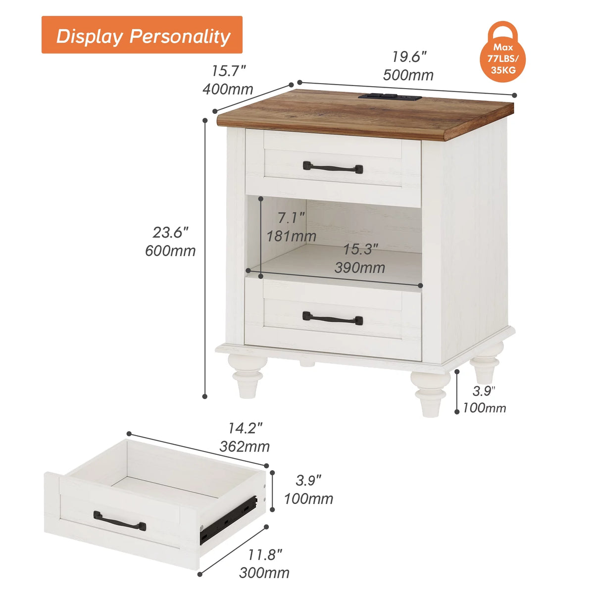 White and Oak 2 Drawer Nightstand with Charging Station W434019