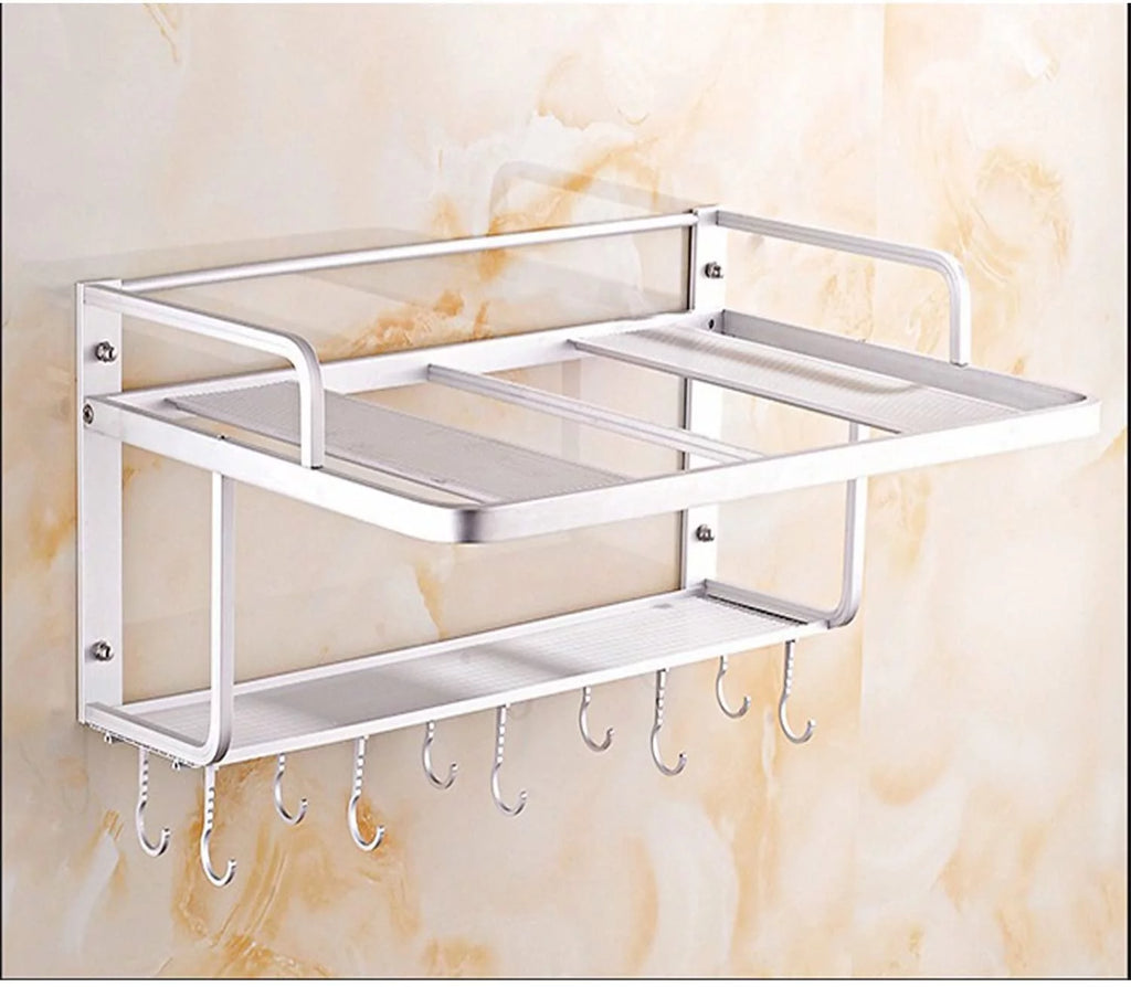 Aluminum Microwave Oven Wall Mount Double Deck Shelf With Hooks H865