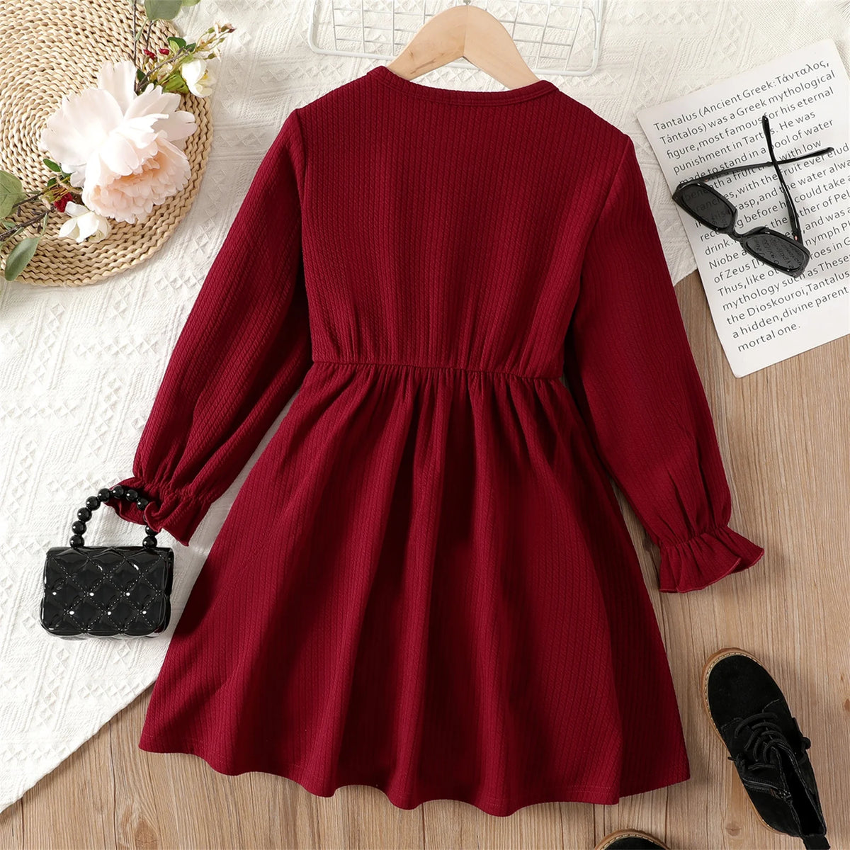 Red 3D Bowknot Long Sleeve Dress V720508