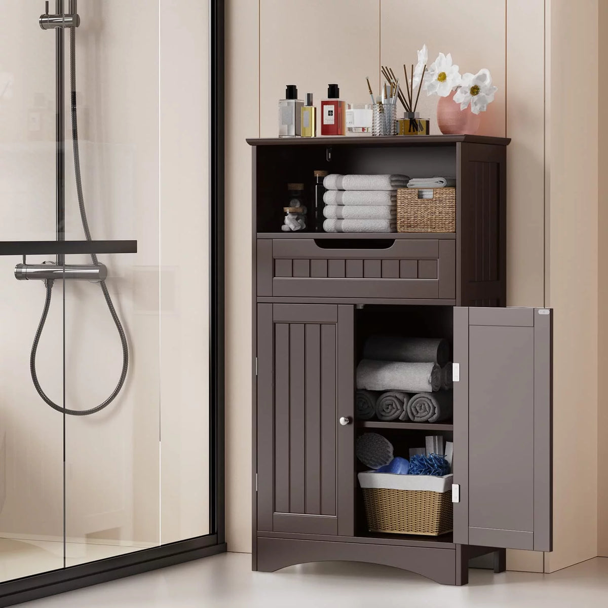 Dark Brown Bathroom Storage Cabinet with Drawer and Shelf U458827