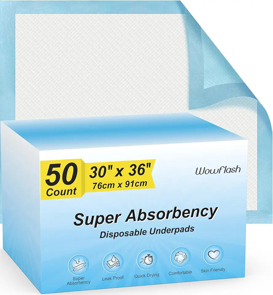 50 Count 30” x 36” Super Absorbency Disposable Underpads J501