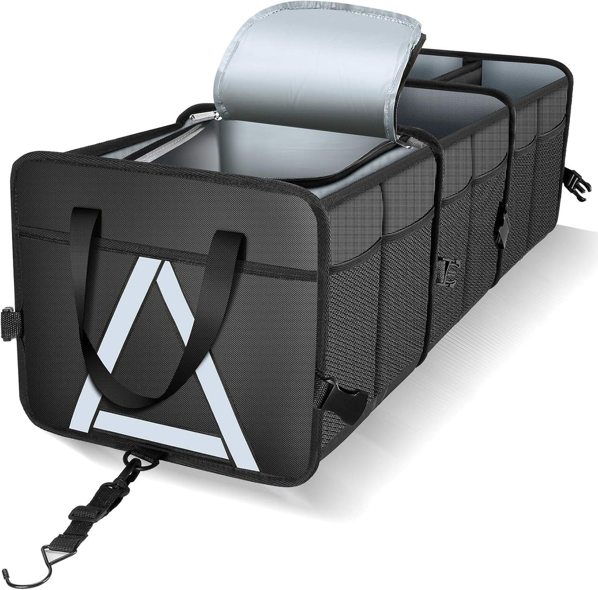 Black 3 Compartment Collapsible Car Trunk Organizer with Cooler Bag I15777