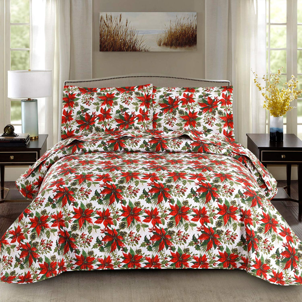King Size Poinsettia Floral Lightweight Bedspread Coverlet with Pillow Shams Y867940
