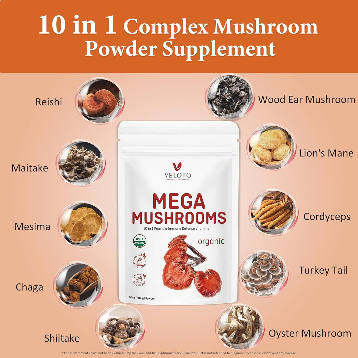 10 in 1 Organic Mushroom Extract Powder Supplement, 10oz T299
