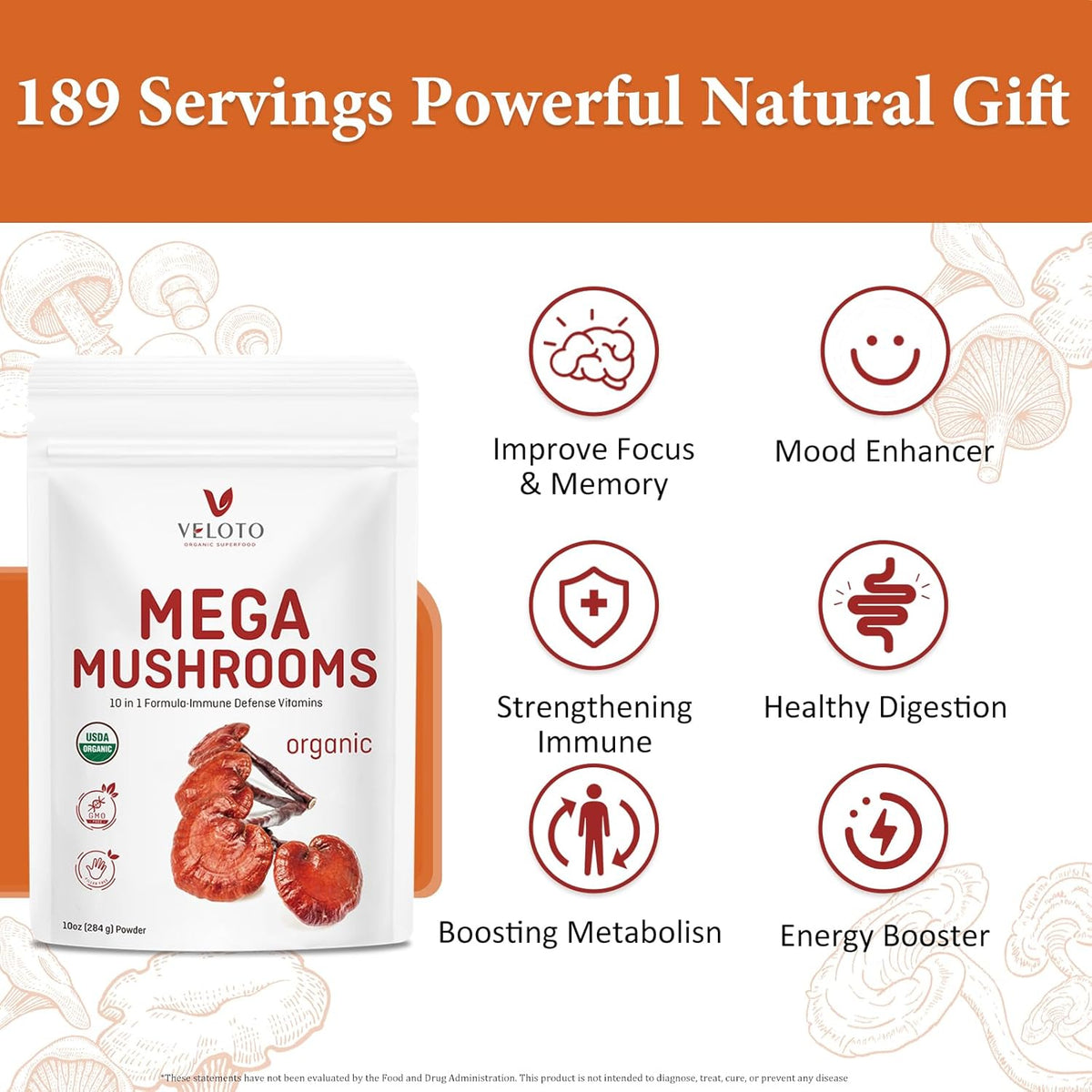 10 in 1 Organic Mushroom Extract Powder Supplement, 10oz T299