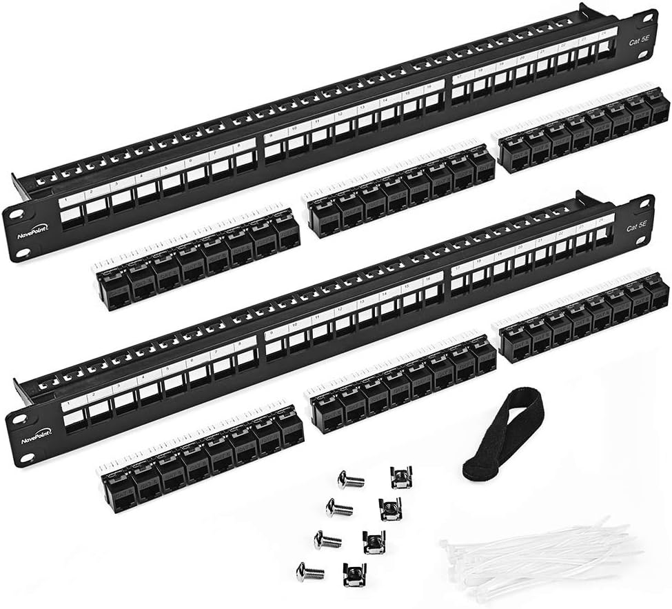24-Port CAT5e UTP Patch Panel 1U with Keystones, Black, 2-Pack A9202