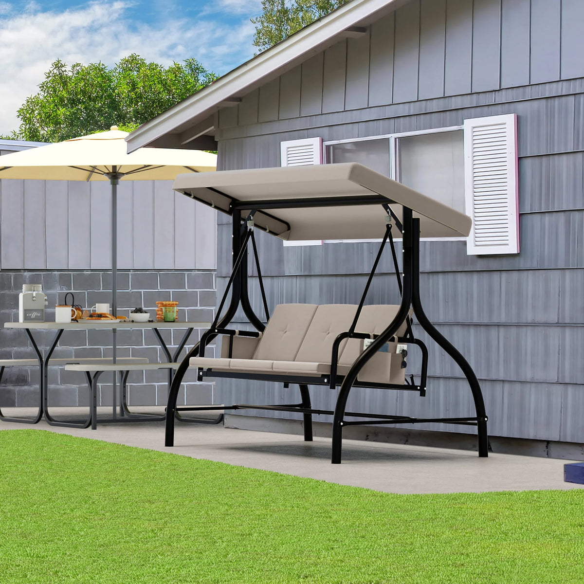 3 Person Patio Swing Chair with Adjustable Canopy and Cushion W80776