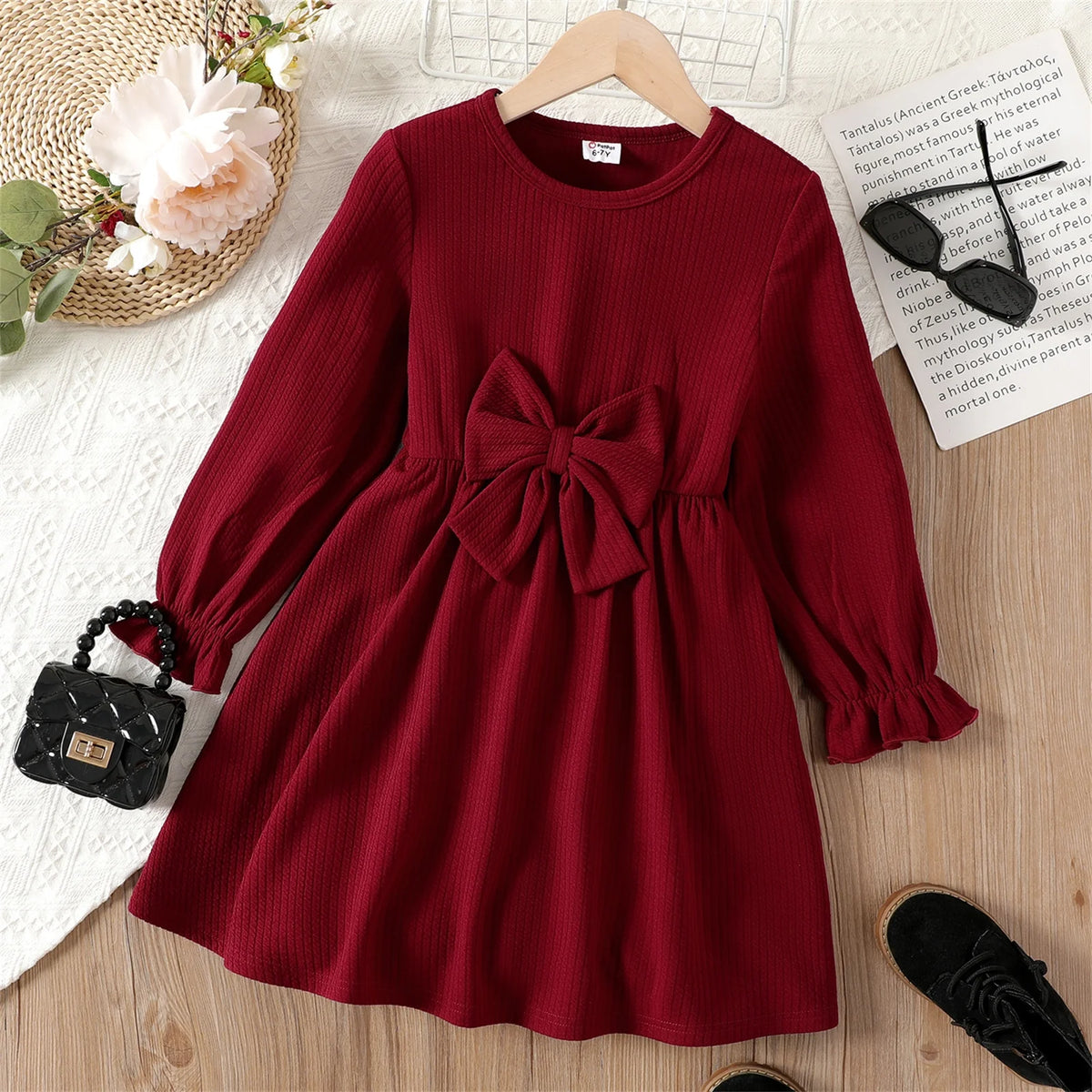 Red 3D Bowknot Long Sleeve Dress V720508