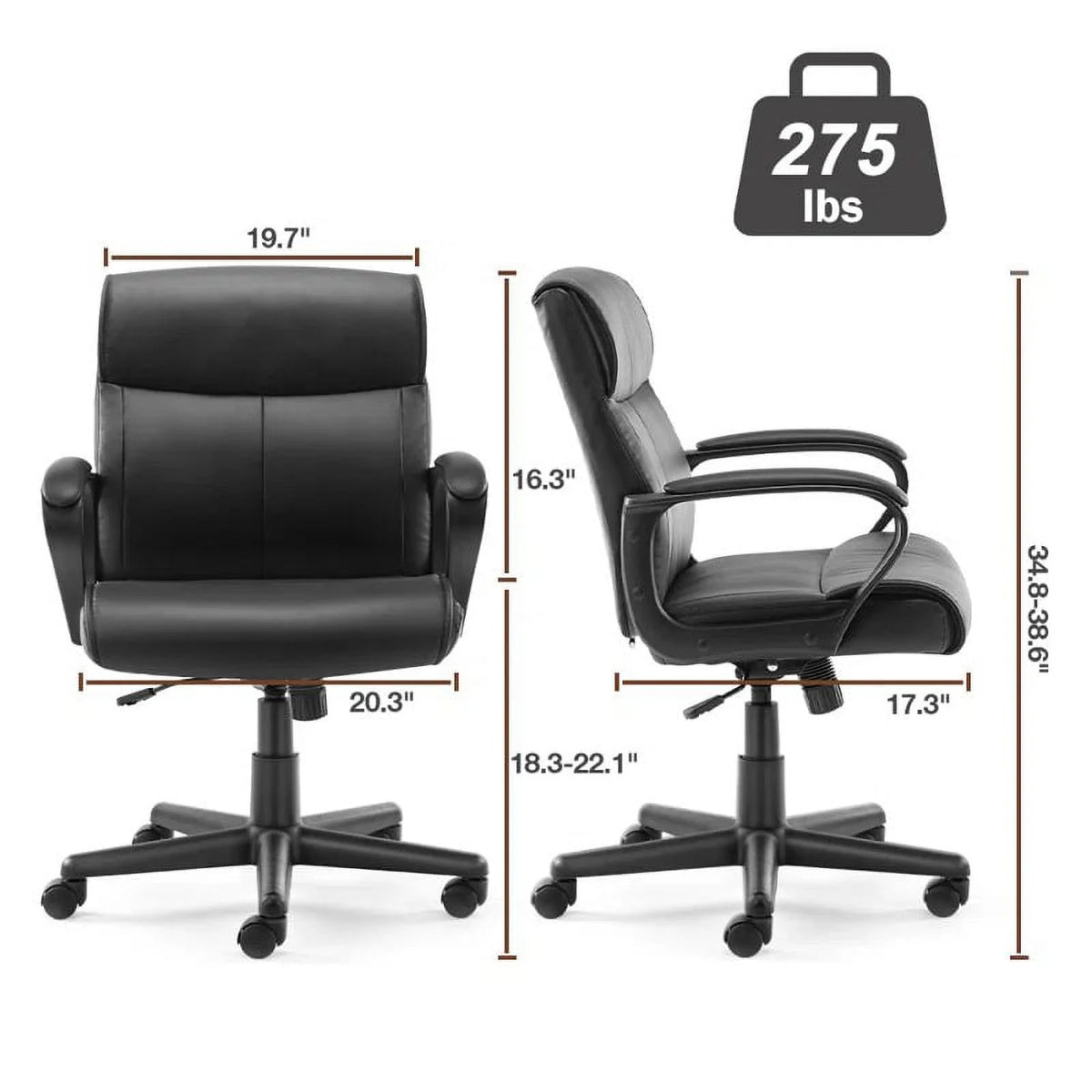 Black PU Leather Mid-back Office Chair with Fixed Padded Armrests L56515