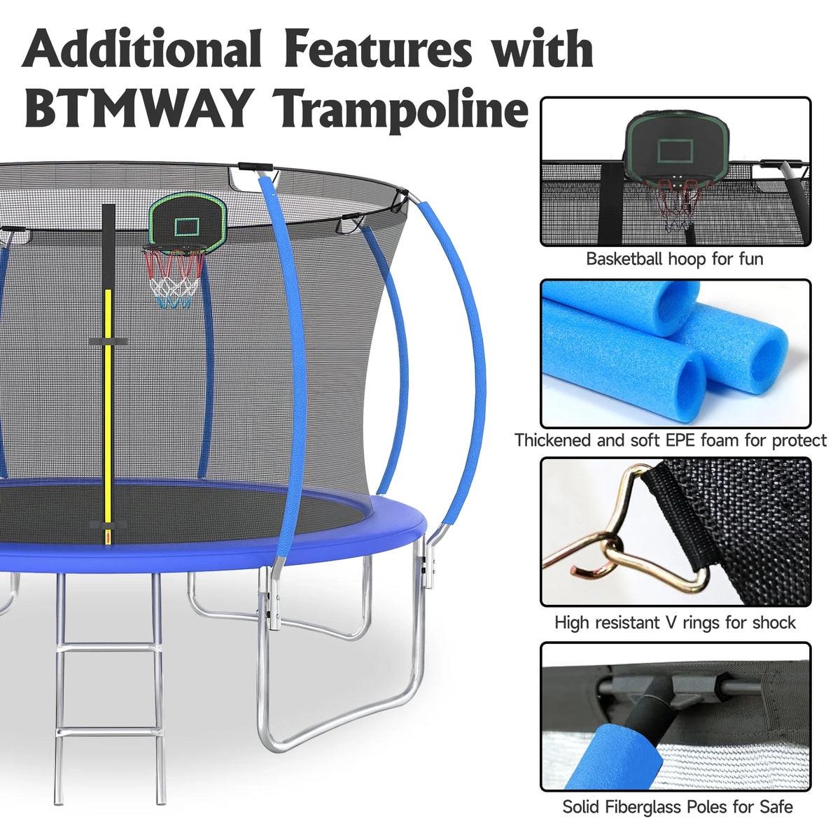 12FT Trampoline with Basketball Hoop and Safety Enclosure Net B1282