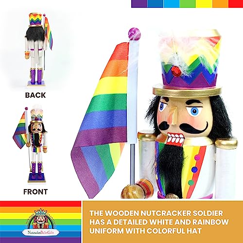 Wooden Nutcracker Figure Decoration with White Uniform and Rainbow Flag, 12 Inch L298230