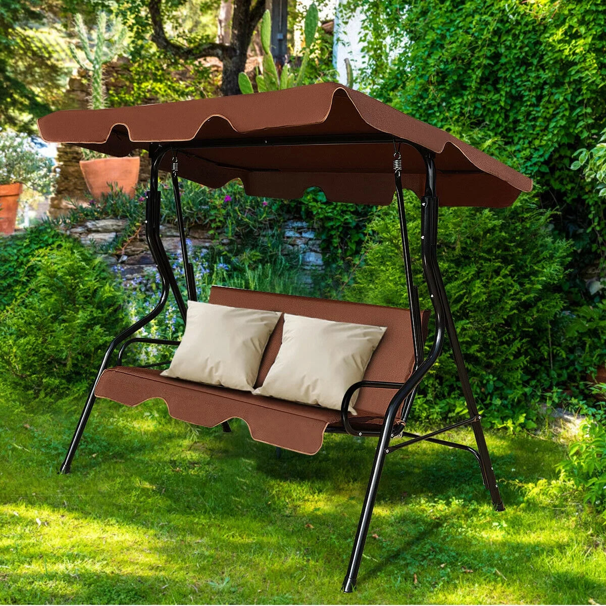 3 Seats Cushioned Steel Frame Patio Canopy Swing G184766