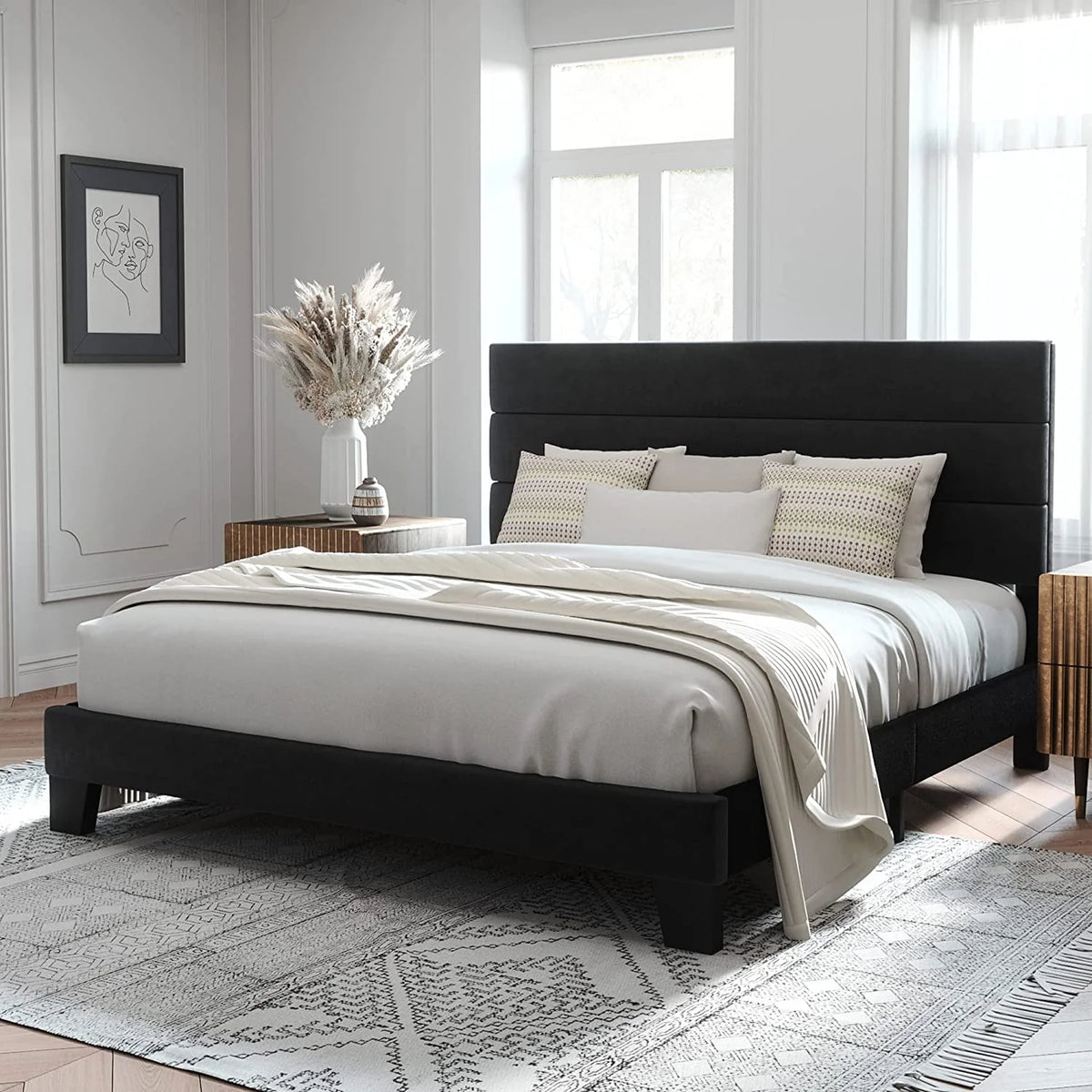 Queen Size Fabric Upholstered Platform Bed Frame J3268
