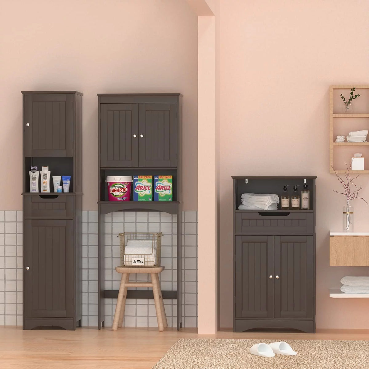 Dark Brown Bathroom Storage Cabinet with Drawer and Shelf U458827