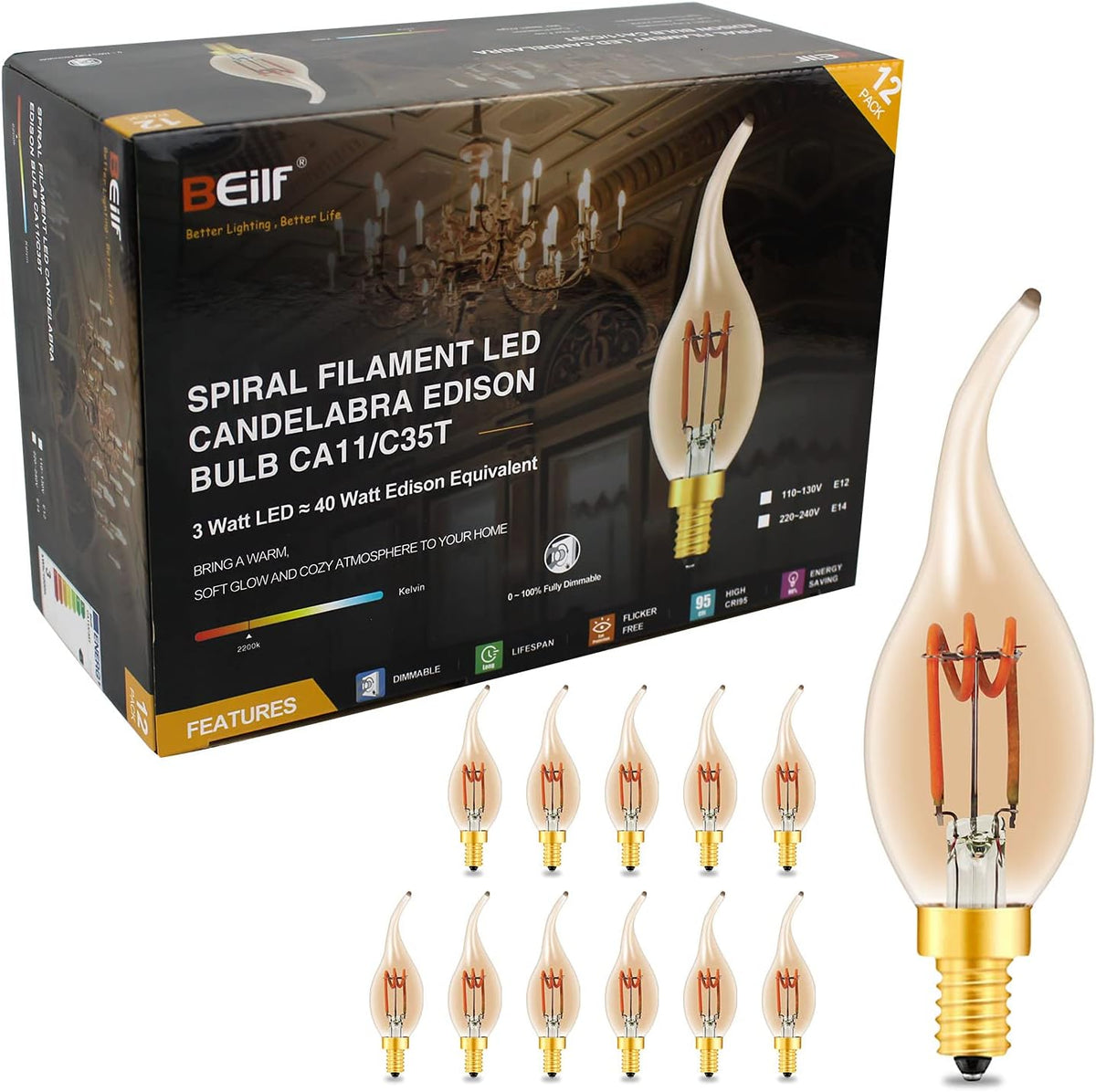 12 Pack Dimmable LED Edison Bulbs, E12 Base, 3W, Warm White 2200K, Amber Glass, Candle Bulb N54162