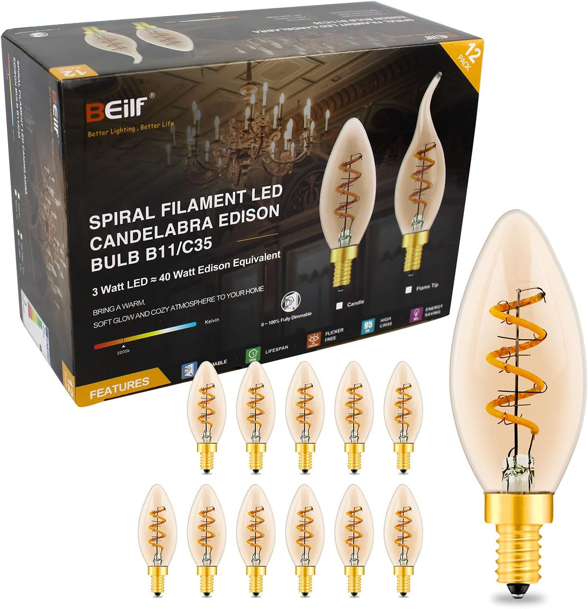 12 Pack Dimmable LED Edison Bulbs, E12 Base, 3W, Warm White 2200K, Amber Glass, Candle Bulb N54162