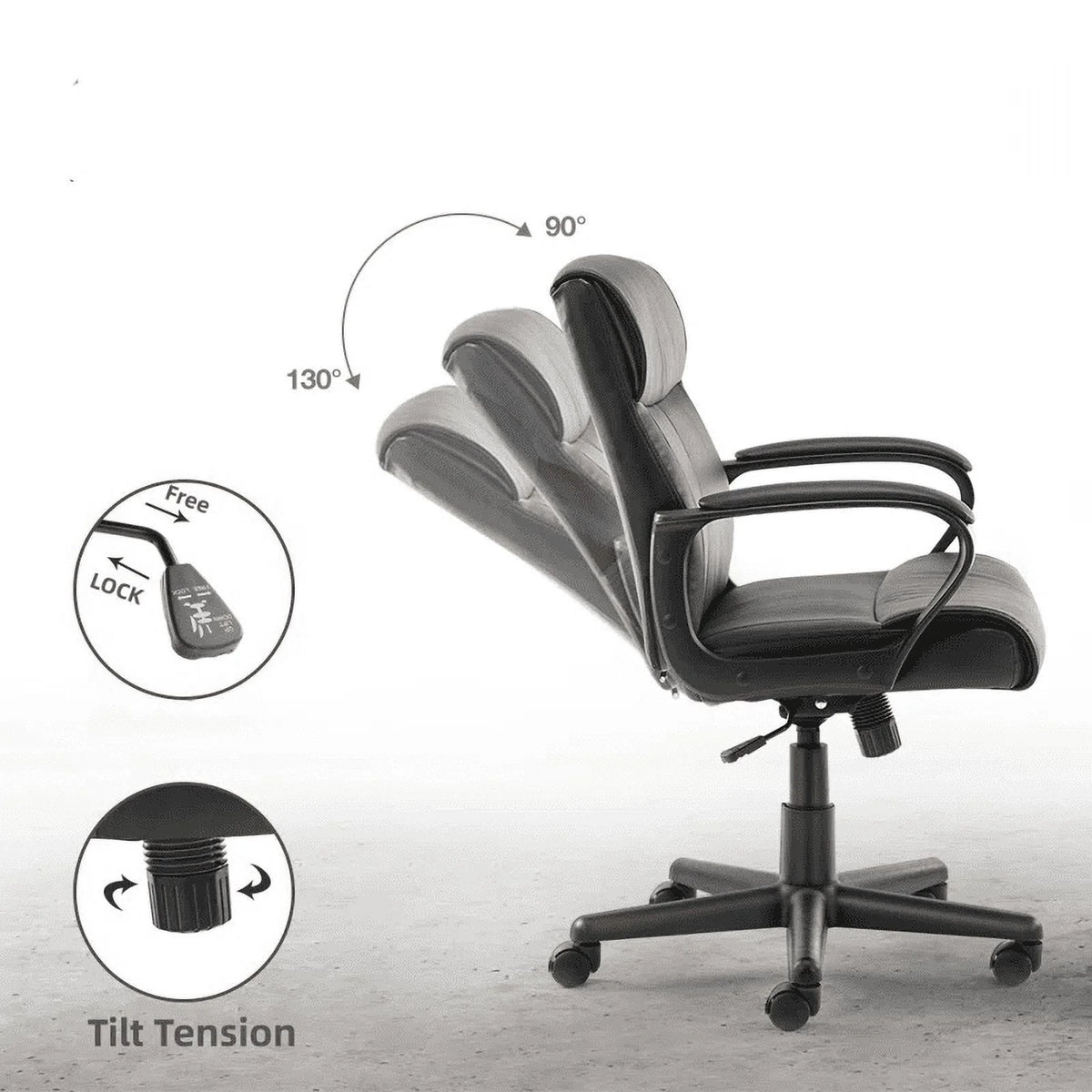 Black PU Leather Mid-back Office Chair with Fixed Padded Armrests L56515