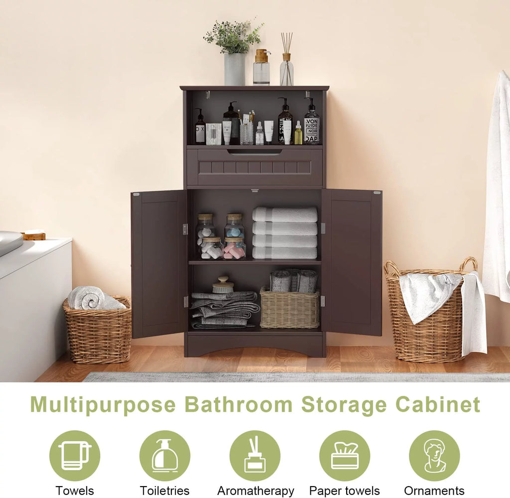 Dark Brown Bathroom Storage Cabinet with Drawer and Shelf U458827