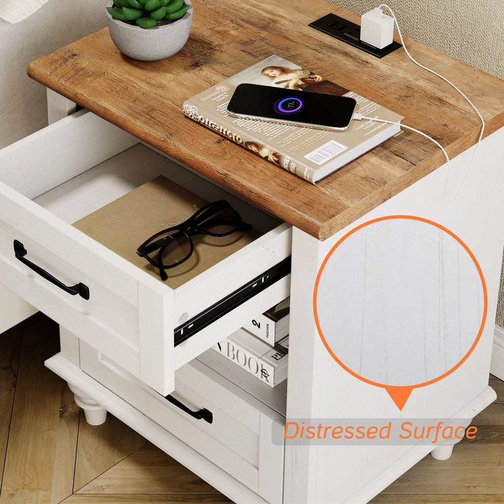 White and Oak 2 Drawer Nightstand with Charging Station W434019