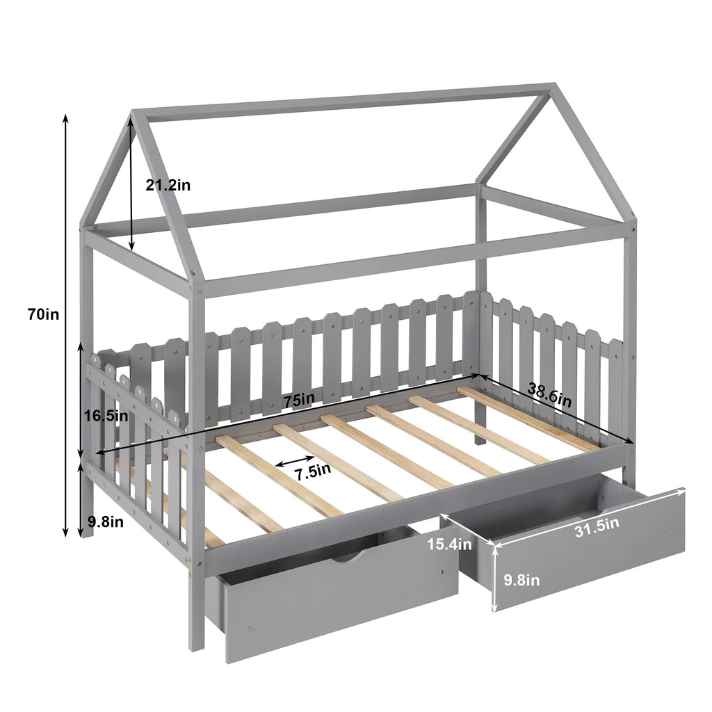 Gray Twin Wood House-Shaped Bed with Drawers I51567