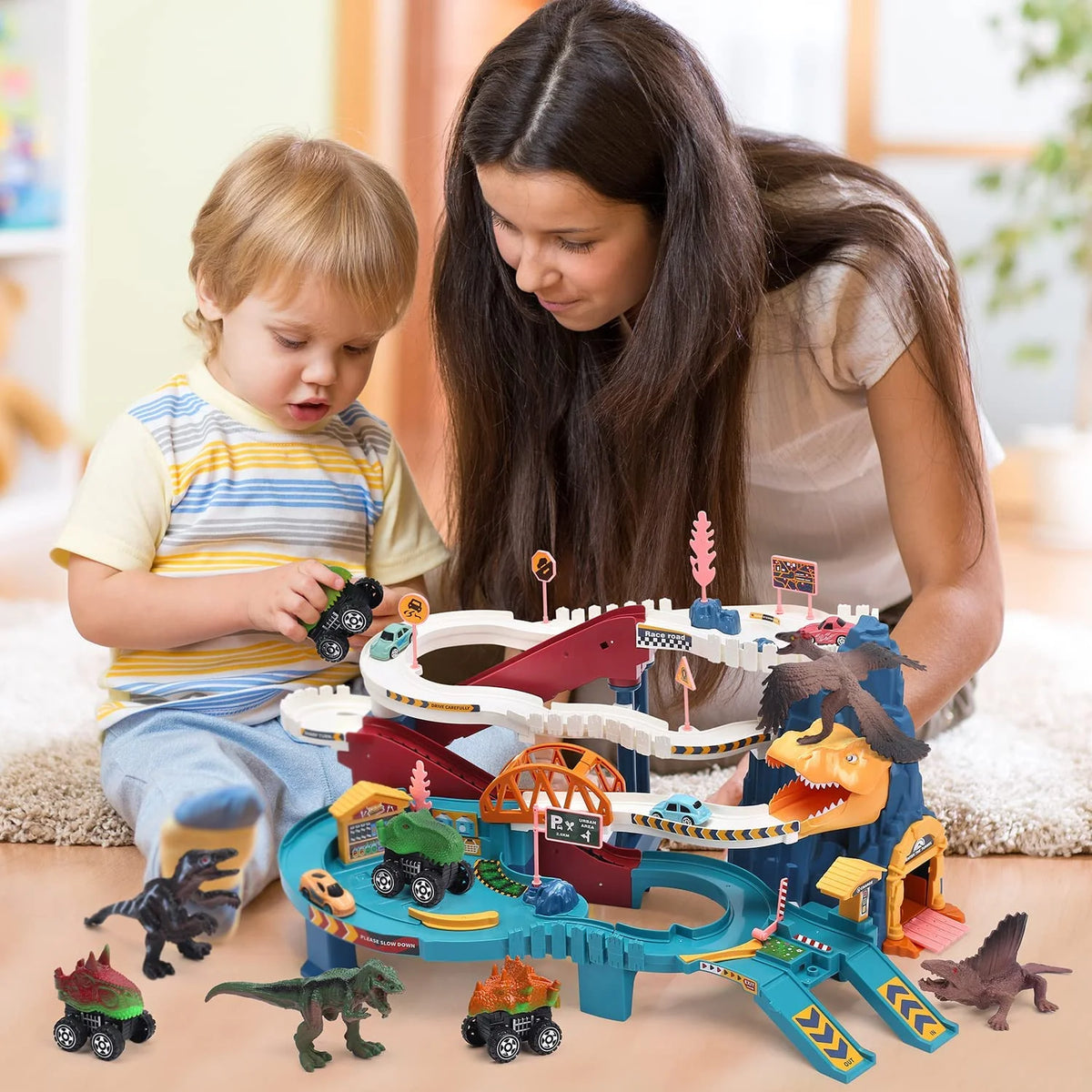 Blue Dinosaur Race Track Playset with 4 Mini Cars & 4 Dino L65767