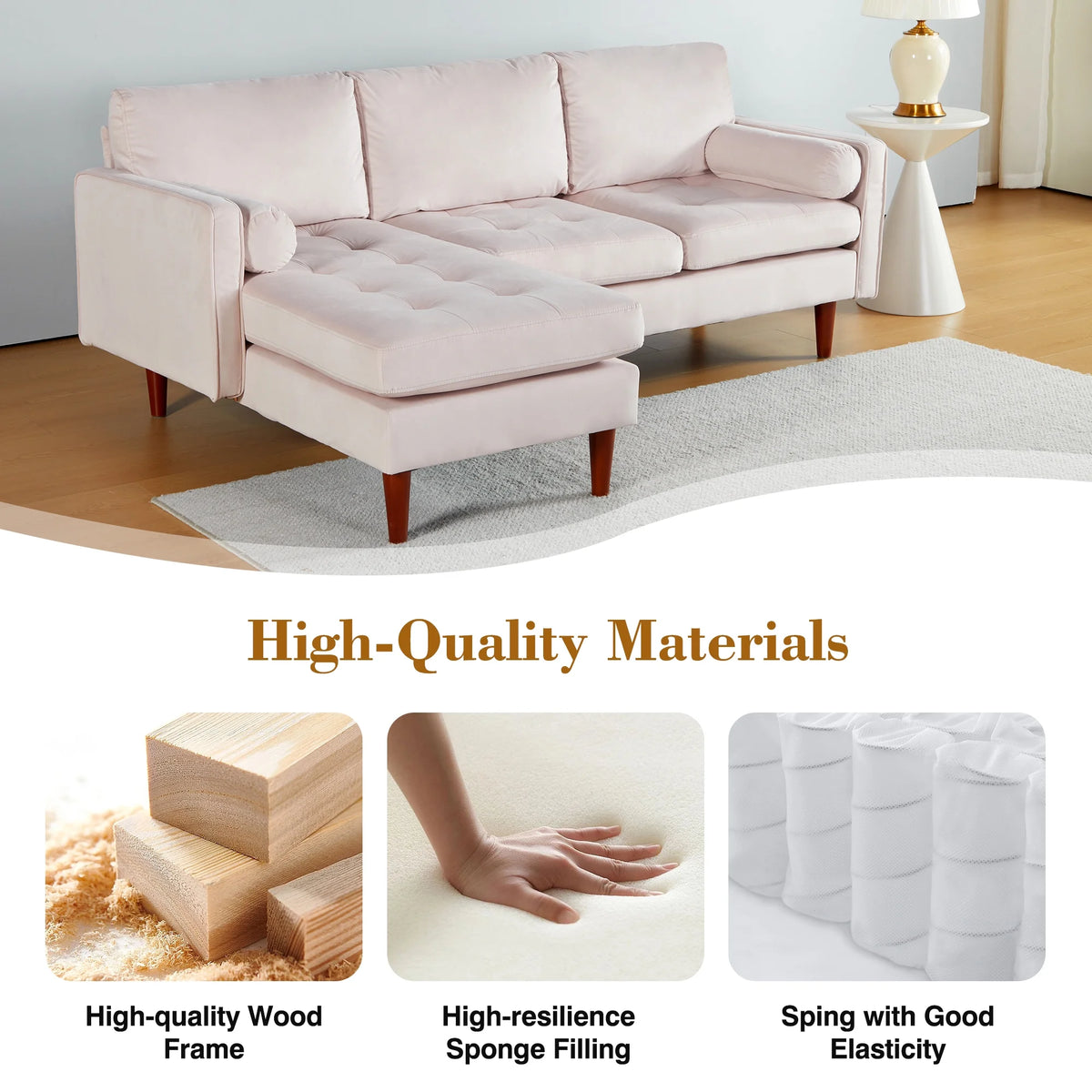 78" Wide L-Shaped Velvet Sectional Sofa with Ottoman C3131